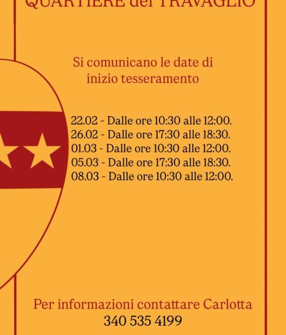 Calendario Tesseramento mesi di Febbraio e Marzo