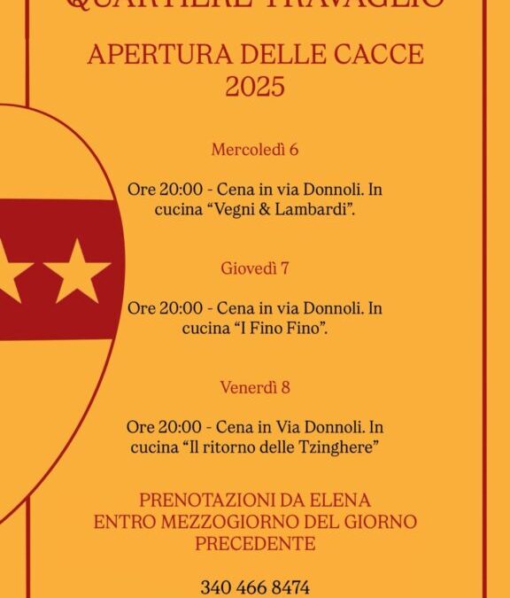 Programma Cene Apertura delle Cacce 2025 – Prenotazioni da Elena Ferretti (3404668474)